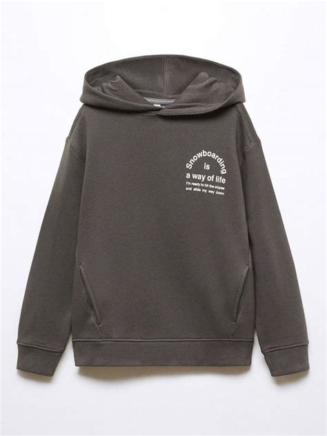 Mango Kids' Snowboard Graphic Slogan Hoodie, Charcoal