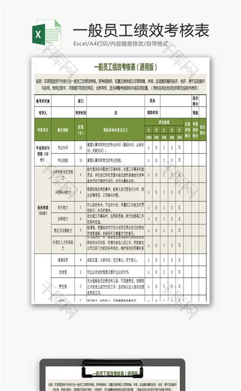 一般员工绩效考核表Excel模板_千库网(excelID：67976)