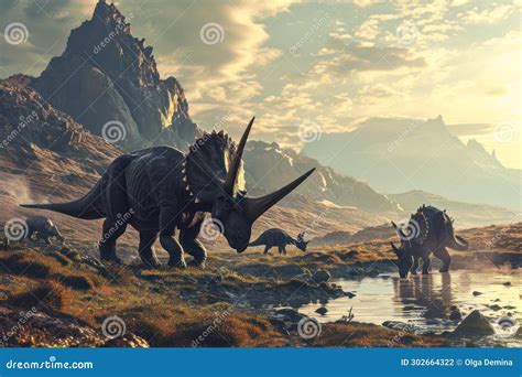 Triceratops Family, Featuring The Iconic Three-horned Herbivores In A ...