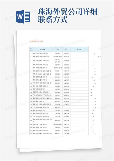 珠海外贸公司详细联系方式Word模板下载_编号lgydrbre_熊猫办公