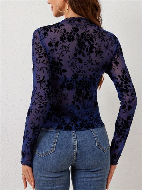 Shop Blue Full Sleeve High Neck Mesh Top - for Women | OUTZIDR | Gen-Z ...