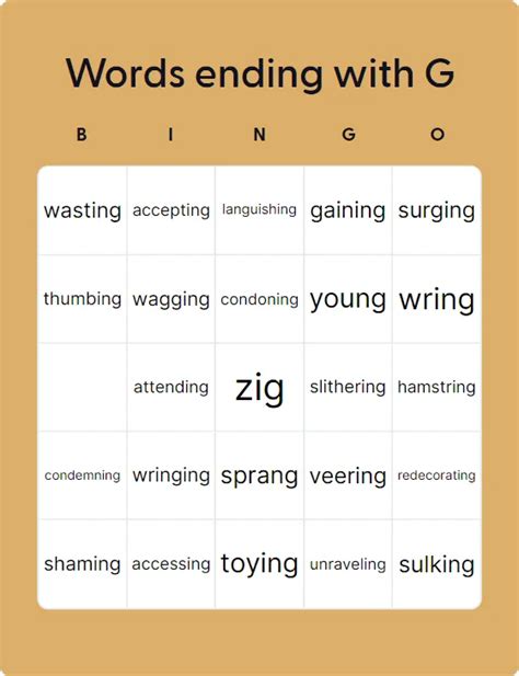 Words Ending With G - Bingo Card Creator