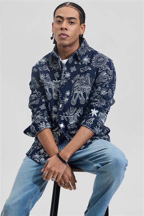 Buy Men's Navy Printed Relaxed Fit Overshirt Online | Snitch – SNITCH