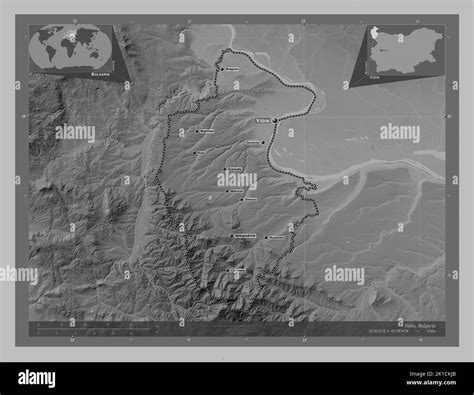 Vidin, province of Bulgaria. Grayscale elevation map with lakes and rivers. Locations and names ...