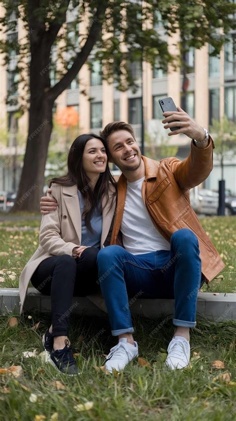 Smiling boyfriend taking selfie with girlfriend through smart phone at ...