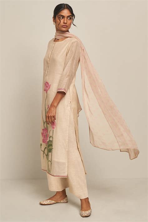 Parchment Beige Cotton Linen Woven Kurta With Lotus Printed Chiffon Du