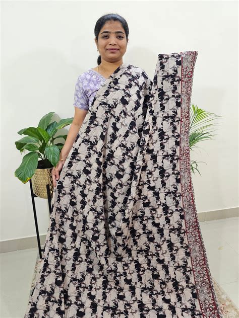 Cotton Kalamkari Saree - Black with Maroon – Looms Legacy