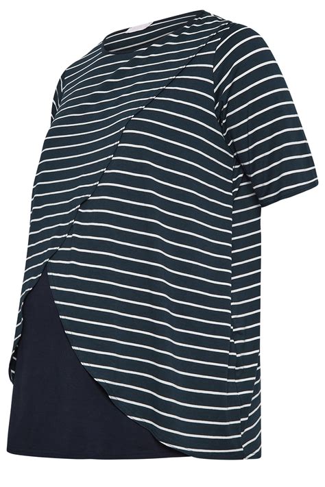 BUMP IT UP MATERNITY Curve Plus Size Navy Blue Stripe Print Nursing Top ...