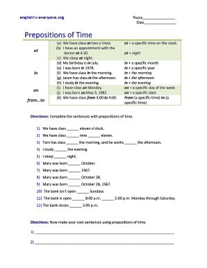 Prepositions of Time Worksheet - Blank Fillable Template | Fill Out ...