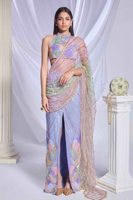 Buy Grey Tulle Moonlit Melody Embroidered Pre-draped Saree With Tie Up ...