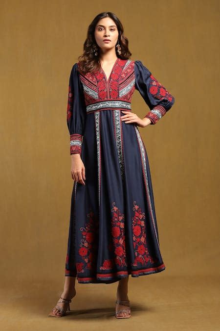 Buy Blue Silk Cotton Linen Embellished Floral V Neck Azra Dress For ...
