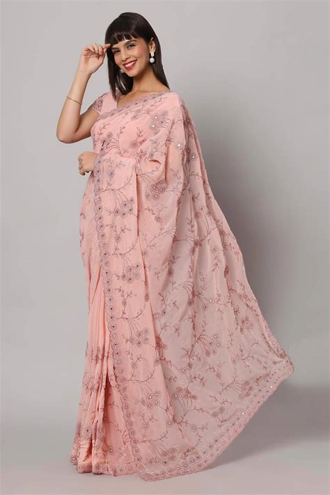 Buy Esha Dusty Rose Embroidered Mirror Work Saree Online - OMS India
