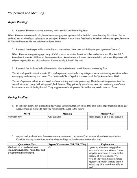 Superman and Me Log - Answers - “Superman and Me” Log Before Reading ...
