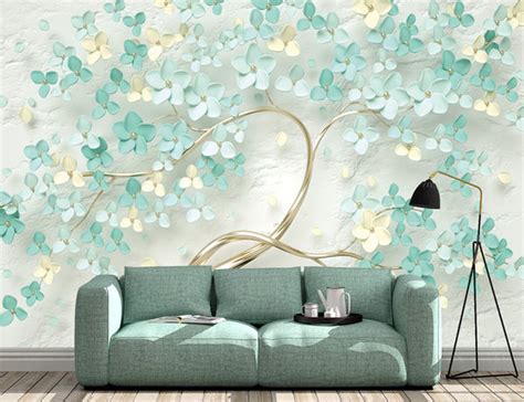 3D Wallpaper Mural Mint Green Flowers customized wallpaper – Home Decoram
