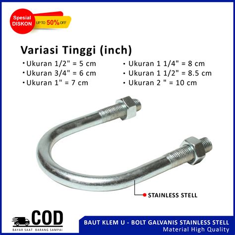 baut u-bolt bold Klem Pipa Besi Baut U Bolt Diameter 5/16 Inch Lebar 1/ ...