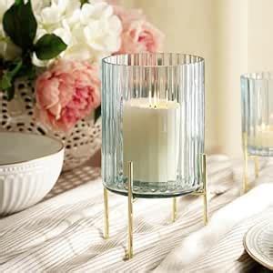 Buy Pure Home + Living Blue Ribbed Glass Hurricane with Metal Stand ...