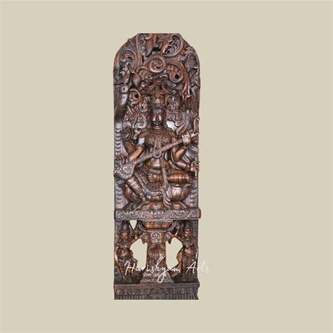 48" Handmade Wooden Saraswati Idol with Intricate Jali Work and Large