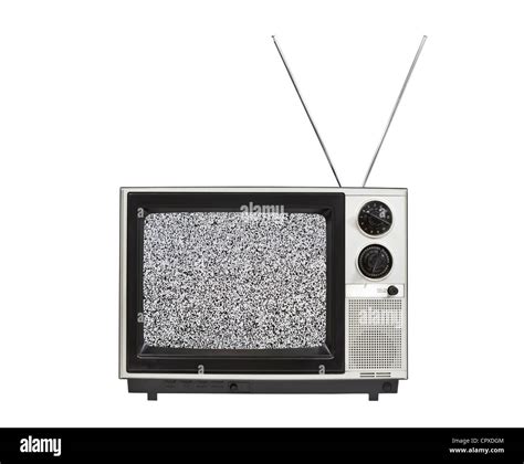 Static screen portable vintage television with antennas up. Isolated on white Stock Photo - Alamy