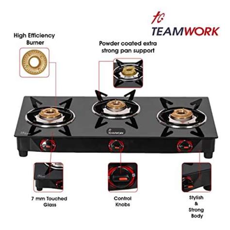 Teamwork 3 Burner Gas Stove | Top Glass Manual Gas Stove | Heavy Brass ...