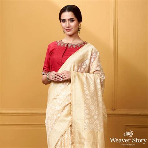 Handwoven Beige Kora Cotton Patola Saree – WeaverStory