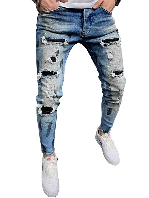 Cilcicy Men Low Waist Skinny Stitching Ripped Full-length Jeans ...