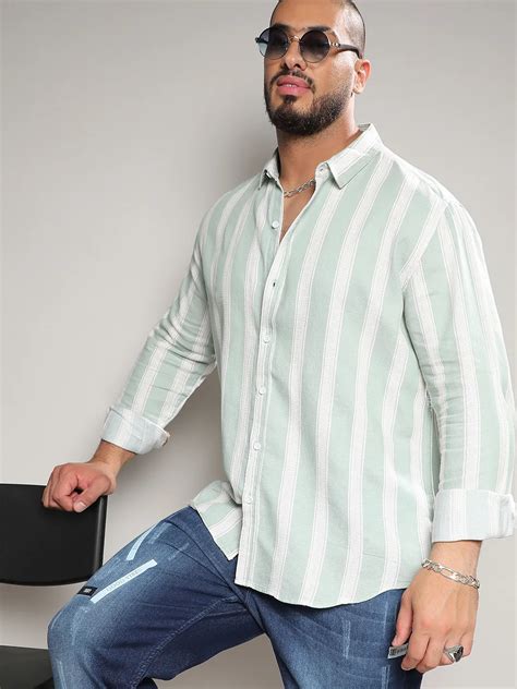 Plus Size Men's Sage Green & White Contrast Club Striped Shirt (3XL ...