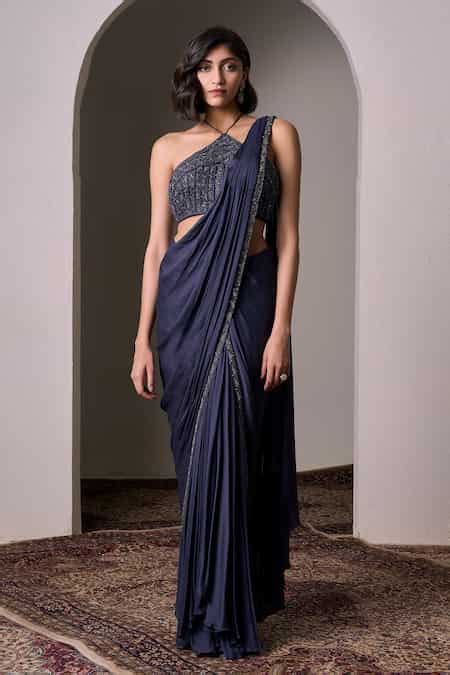 Buy Grey Crepe, Georgette Cut Work, Beads Pre-draped Saree With ...