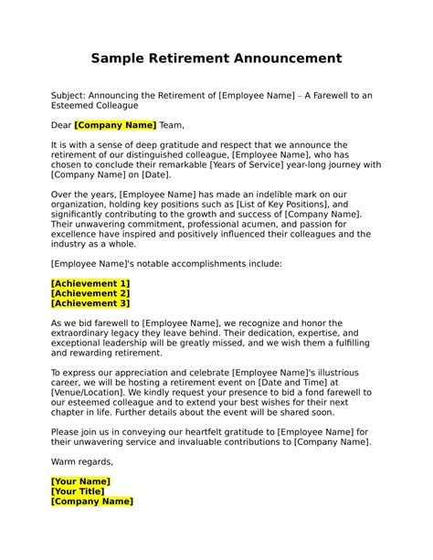 Free Printable Retirement Announcement Letter Template [PDF, Word]