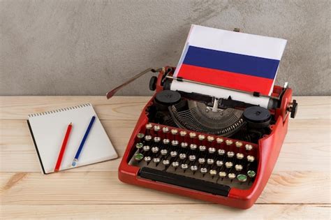 Political news and education concept red typewriter flag of the russia ...
