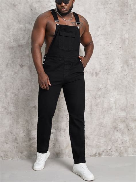 Extended Sizes Men Flap Pocket Denim Overall | Black denim romper ...
