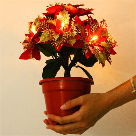 Qocolhg Lighted Poinsettia Flowers Artificial Poinsettias Plants in Pot ...