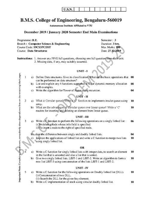 19CS3PCDST - Data Structures Unit 1 Notes & Key Concepts - Studocu