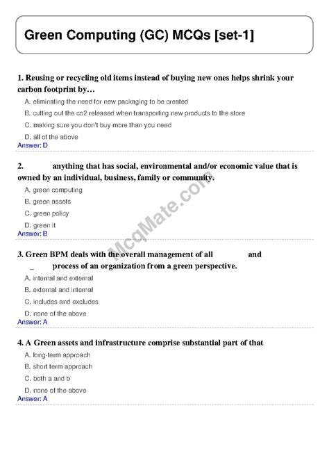 Green Computing (GC) MCQ Set-1: Eco-Friendly Tech Quiz - Studocu