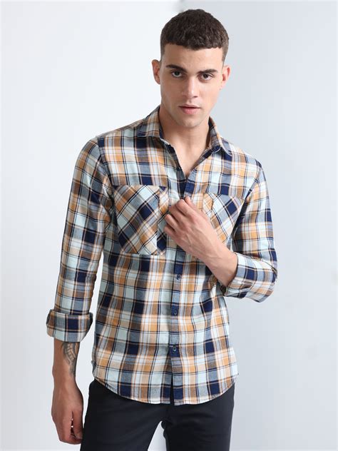 Buy khaki double pocket indigo checked men's shirt