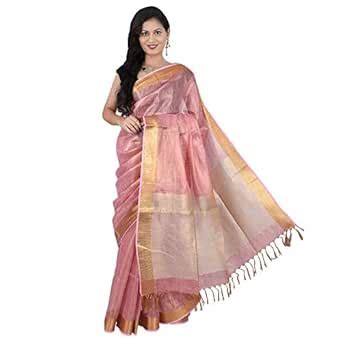 Buy Bunkaar Women's Linen Tissue Zari Handloom Bhagalpuri Saree with ...
