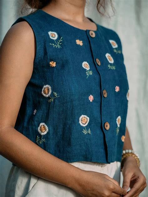 Indi-Daisy | Hand Embroidered Natural Dyed Linen Top – Punarnawa Soul ...