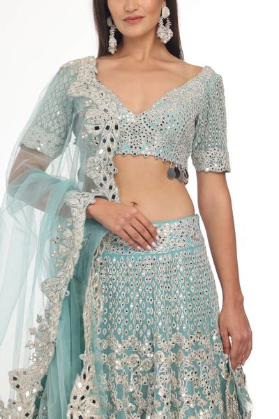 aqua blue heavy embellishment lehenga set with sheer dupatta ...