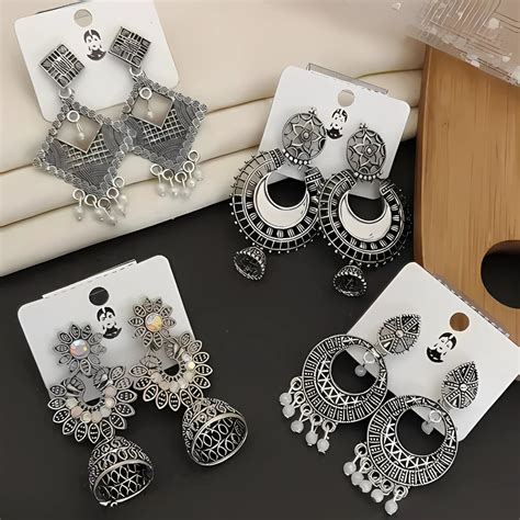 Combo of 4 Oxidized Silver Earrings Set – Jhumki, Hoop & Dangle Design ...