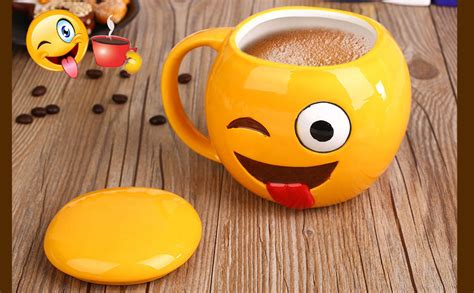 BonZeal Emoji Mug Wink Eye Tongue Ceramic Coffee Mug with Lid Tea Cup ...