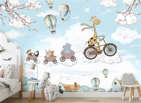 Blue Animals Riding In City Illustration Wallpaper | WP 04043 Canvas ...