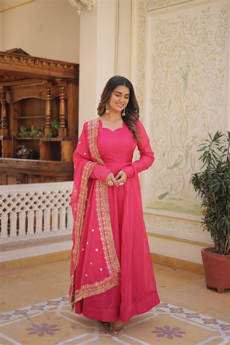 Kali Pattern Pink Color Gown With Embroidered Work Dupatta – subhvastra