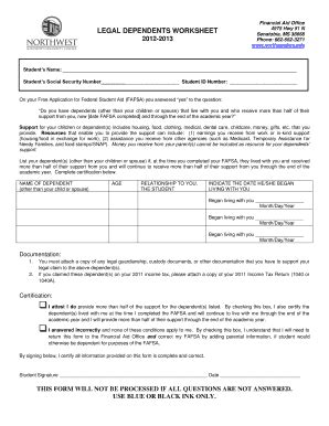 Fillable Online 2012-2013 Dependent Verification Worksheet Federal ...