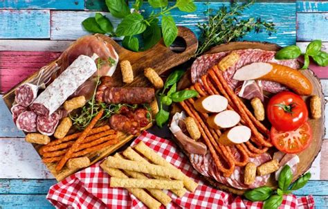 Wallpaper greens, Board, tomatoes, sausage, bacon for mobile and ...