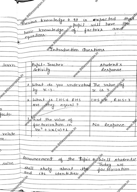 Mathematics Lesson plan on "Factorization" in english