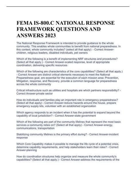 FEMA IS-800.C NATIONAL RESPONSE FRAMEWORK QUESTIONS AND ANSWERS 2023 - Fema - Stuvia US
