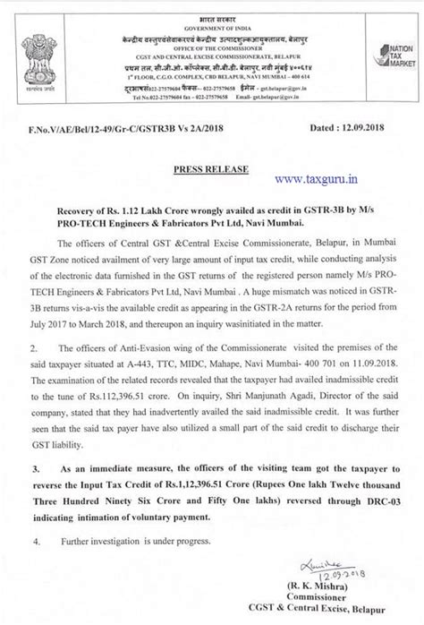 Recovery of Rs. 1.12 Lakh crore wrongly availed as credit in GSTR-3B