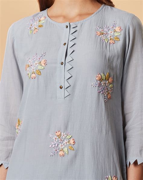 POWDER BLUE EMBROIDERED COTTON SILK KURTA WITH PANTS – Dharya