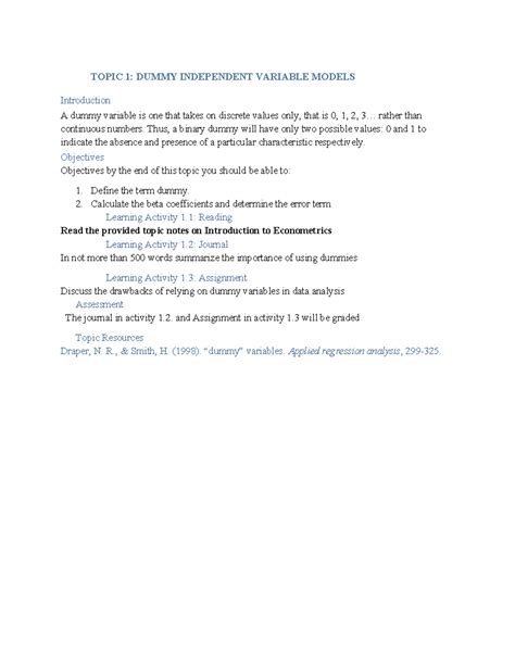 Topic 1 - TOPIC 1: DUMMY INDEPENDENT VARIABLE MODELS Introduction A ...