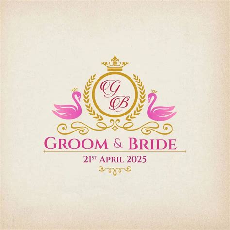 Royal Wedding Invitation Logo with Crown & Swans | Pink & Gold Couple ...