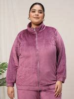 Women Plus Size Dark Pink Soft Velvet Full-Zip Jacket